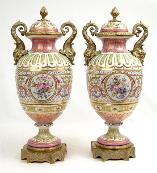 Pair of hand-painted, bronze-mounted Sevres urns, $2,590. Stephenson’s Auctioneers image.